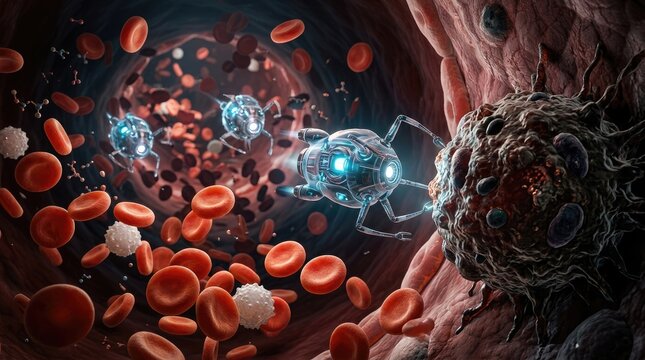 Several small, futuristic robots navigate through a human bloodstream, targeting a large tumor.