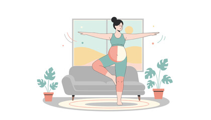 Obraz premium Pregnant woman performs a balanced yoga tree pose in her cozy living room to stay healthy and relaxed at home.