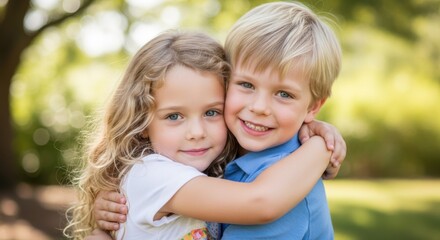 Fototapeta premium Young brother and sister hugging outdoors