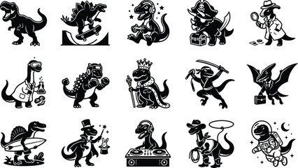 Funny dinosaur silhouette characters in various occupations and activities © MD