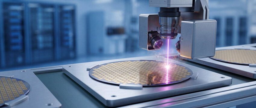 Semiconductor silicon wafer laser lithography process with a purple beam engraving microchips on a metallic conveyor platform in a clean blue laboratory for high-tech manufacturing