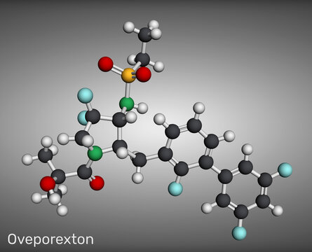 Oveporexton molecule, orexin receptor agonist and wakefulness-promoting agent. For the treatment of narcolepsy types 1 and 2, and idiopathic hypersomnia. Molecular model. 3D rendering