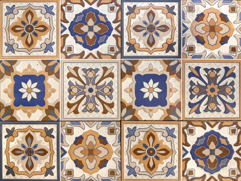 Colonial heritage patterned tiles in random floral, star, ornamental, engraving, and other abstract patterns. Handmade colonial tiles, or old heritage tiles in various colorful paint colors. Seamless 