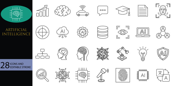 Artificial intelligence line icon pack vector set for machine learning and smart technology with editable stroke including neural network robot arm face recognition data server chatbot and AI chip obj