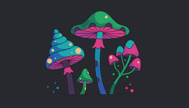 Whimsical glowing magical mushrooms decorated with neon blue, green, and pink patterns isolated on a dark background.