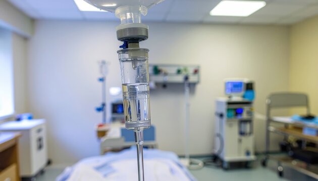 Intravenous drip bag with clear saline solution in a hospital setting