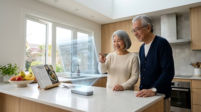 Senior couple using a holographic digital interface to follow a cooking recipe in their modern kitchen environment with smart home technology integration