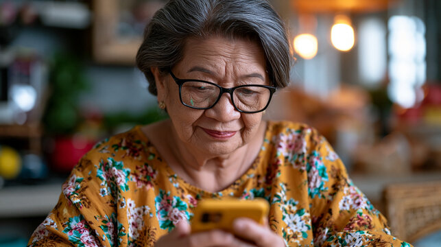 Elderly Filipina grandmother receiving mobile remittance notification in kitchen, diaspora transfer, migrant worker family support, financial inclusion, cross-border corridor .ultra photorealism, ci