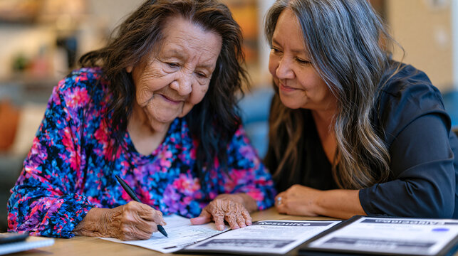 Elderly resident sitting across from a trained advocate inside a softly lit safe house common room completing intake paperwork with trembling hands while a support counselor leans forward with stead