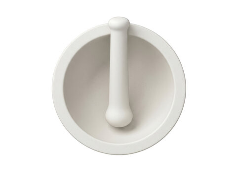 White ceramic mortar and pestle with smooth, rounded base and handle.