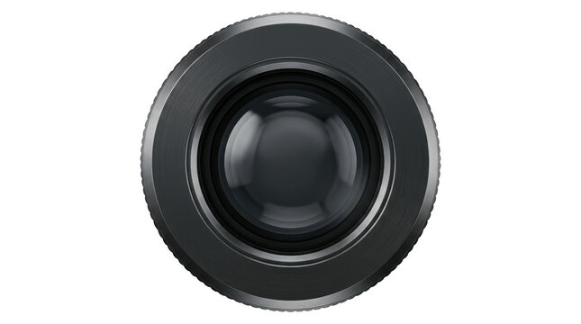 Close-up of a black camera lens with circular aperture and matte finish for photography equipment.
