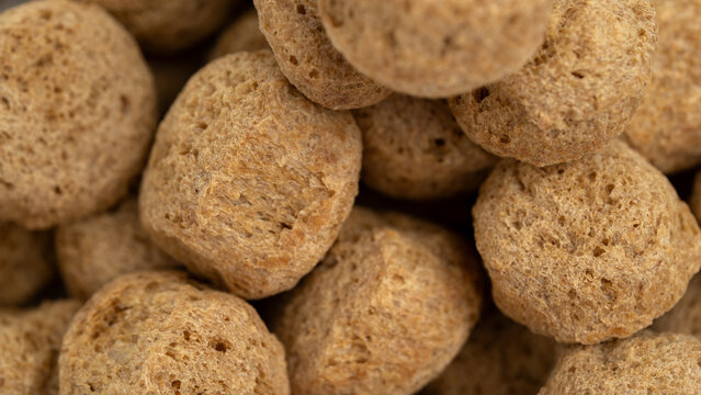 Close up of dried soya chunks textured vegetable protein