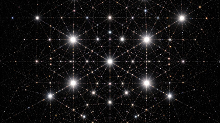 Fototapeta premium Geometric network displays a series of radiant star points joined by faint linear segments in a symmetrical hexagonal arrangement on a pitch black canvas for modern abstract digital backgrounds.