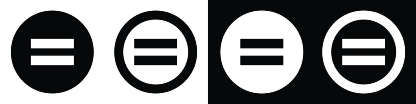 Equal Sign Circle Icons Set with Solid and Outline Variations on Contrast Black and White Backgrounds