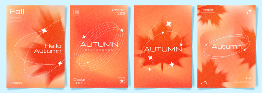 Trendy Autumn Cards Gradient Background Blur Maple Leaves Texture Y2K Elements. Fall Abstract Vector Modern Posters with Colourful Gradation Blurred Autumn Leaf Grainy Backgrounds for Autumn events