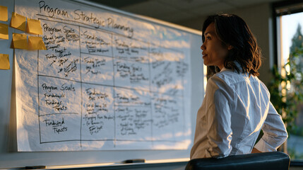 Fototapeta premium Nonprofit executive director standing alone at a whiteboard inside a sparse conference room reviewing a strategic planning matrix with handwritten program goals and funding targets while morning lig