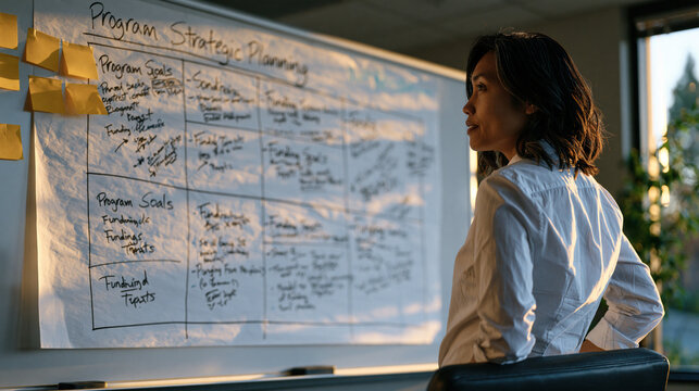 Nonprofit executive director standing alone at a whiteboard inside a sparse conference room reviewing a strategic planning matrix with handwritten program goals and funding targets while morning lig