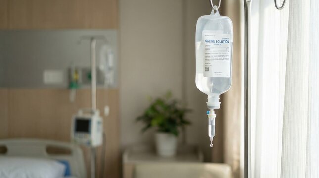 Intravenous Saline Solution Bag Dripping Slowly in a Hospital Room