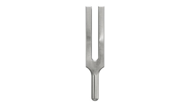 Stainless steel tuning fork resting on a neutral white background.