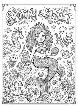 Cute mermaid coloring page with sea animals and whimsical underwater details. Perfect for Halloween kids activity books, printables and classroom fun.