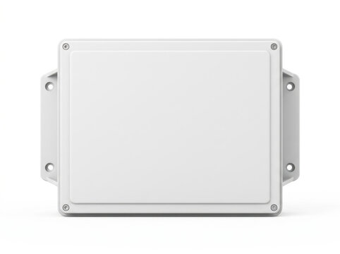 Industrial metal junction box with protective cover mounted on a plain background.