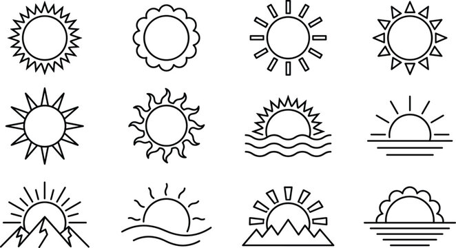 Minimalist Sun and Landscape Line Art Icons Set for Creative Branding and Modern Logo Design
