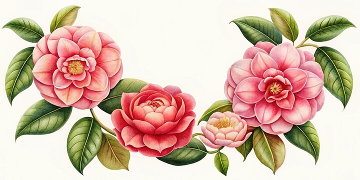 Beautiful pink and red camellia flowers arrangement - Vibrant illustration of pink and red camellia flowers with green leaves in a natural arrangement.