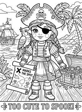 Cute pirate girl coloring page with a parrot, treasure chest and tropical island. Perfect for Halloween children's activity books, classrooms and printable fun.