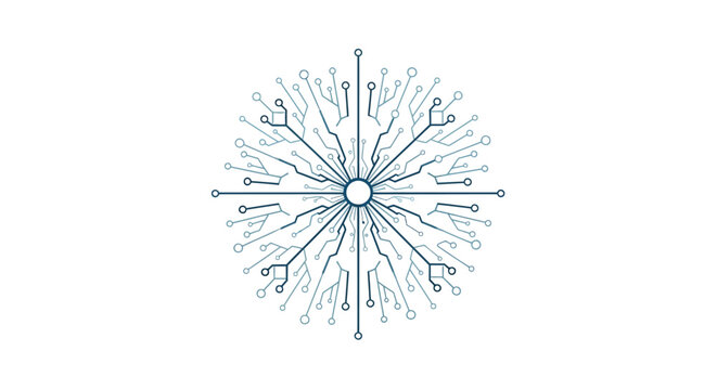 Intricate digital snowflake design with branching circuits and nodes, symbolizing technology and complexity.