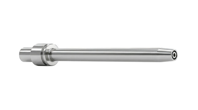 Stainless steel pipe fitting with threaded ends and smooth cylindrical body.