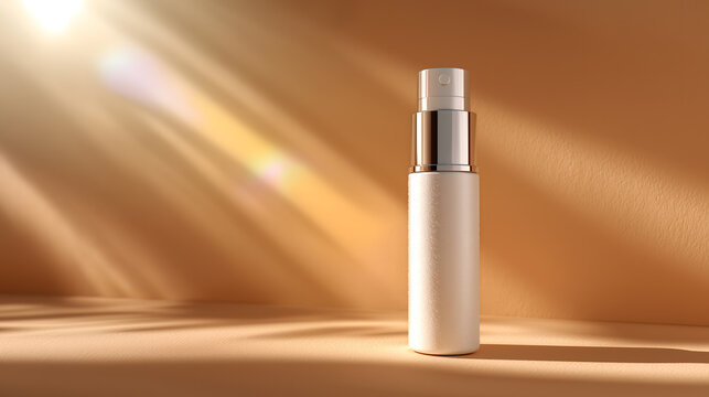 White cosmetic spray bottle mockup on beige background with warm sunlight rays