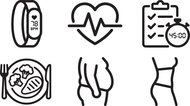 Set of black line icons for fitness health tracker diet weight loss and exercise progress tracking