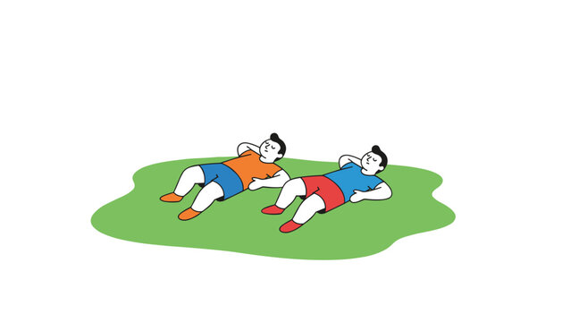 Two people perform abdominal situp exercises while lying on the grass in a sunny outdoor environment.
