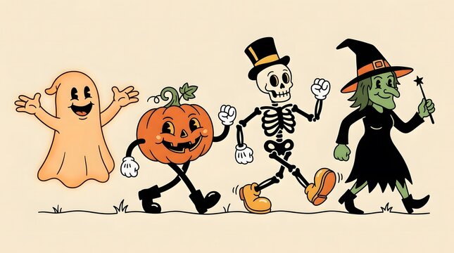 Vintage cartoon style halloween characters including a ghost a pumpkin a skeleton and a witch walking in a festive line