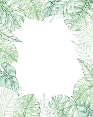 Fototapeta premium Watercolor rectangular frame with tropical leaves. Hand-drawn frame with tropical, exotic leaves. Green monstera and palm leaves. Frame with space for text. For invitations.