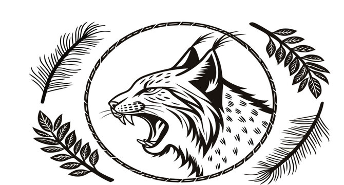 A high-contrast, black-and-white ink illustration centered on a cream-colored background. The main subject is a stylized lynx head, facing directly forward with its mouth open in a fierce expression, 