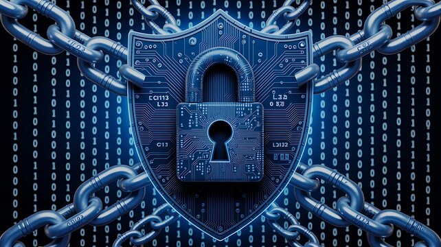 Digital cybersecurity shield with padlock and data protection
