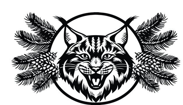A high-contrast, black-and-white ink illustration centered on a cream-colored background. The main subject is a stylized lynx head, facing directly forward with its mouth open in a fierce expression, 