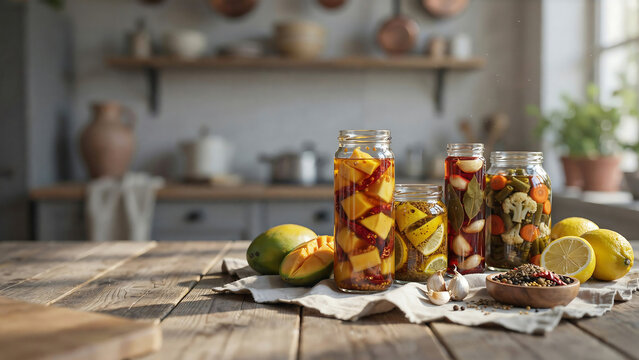 A kitchen scene with pickled vegetables and fruits on a wooden table indoors