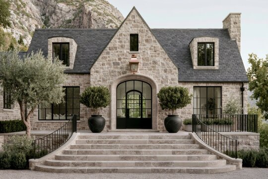 Grand American heritage manor facade featuring warm limestone, large windows, and elegant landscaping with stone steps and decorative planters in a serene outdoor setting