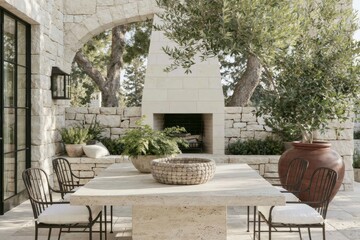 Fototapeta premium Outdoor dining terrace featuring a limestone manor house with a large stone table, black metal chairs, and lush greenery surrounding a built-in fireplace