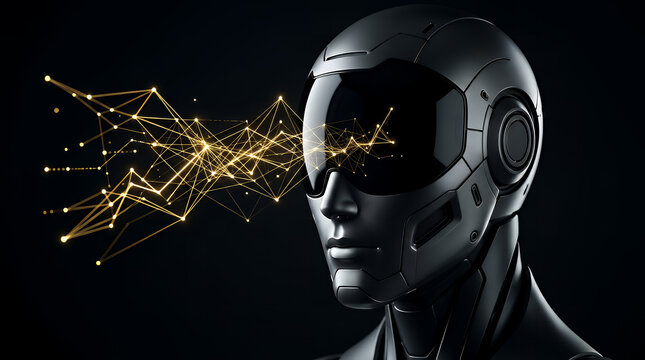 Robot head features a sleek dark metallic design with intricate golden data lines projecting from the visor area to represent sophisticated neural processing and high-speed digital communications.