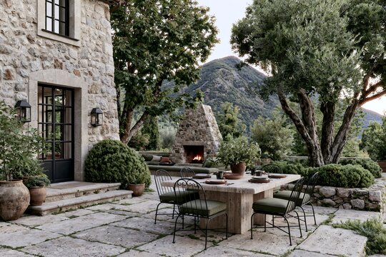 Outdoor terrace of a limestone manor featuring a rustic dining table, chairs, and a stone fireplace surrounded by lush greenery and mountains at golden hour