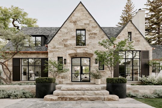 Warm limestone manor house facade with steep gabled roof, large windows, and landscaped garden featuring stone steps and potted plants in a serene outdoor setting