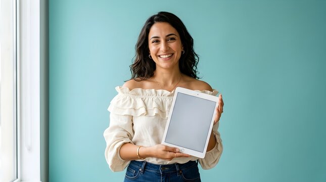 Happy young woman with dark wavy hair smiling while holding a white digital tablet against a bright teal wall background
