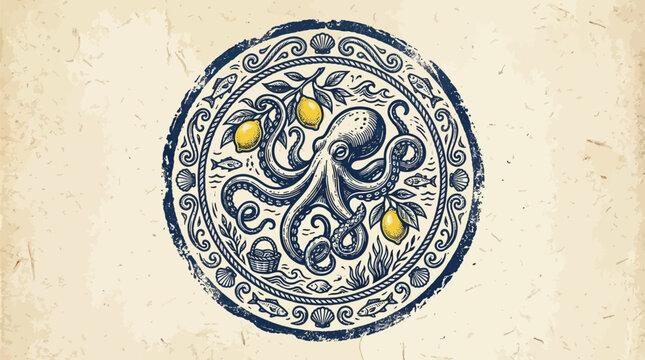 A vintage stamp featuring an octopus surrounded by lemons on a decorative background