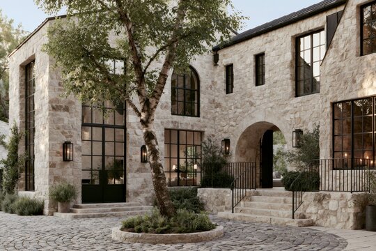 Limestone manor house courtyard featuring a circular cobblestone path, surrounded by greenery and large windows, showcasing modern architectural design elements
