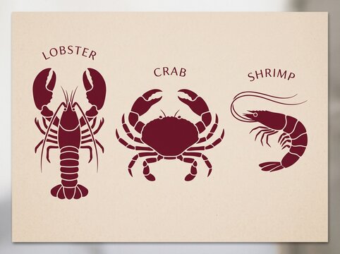 Vintage seafood labels lobster crab and shrimp with vintage illustrative set