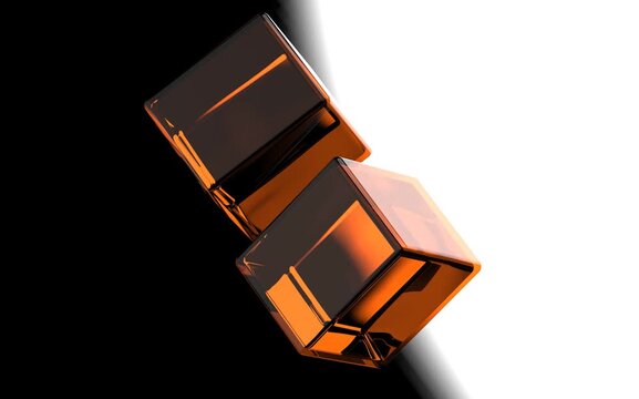 Two Rotating Orange Glass Cubes with Abstract Black and White Background