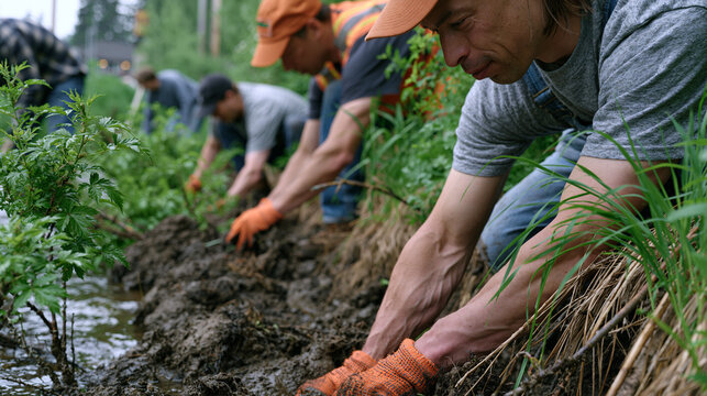 Land trust volunteer crew removing invasive shrubs along a protected riparian buffer zone beside a shallow creek as overcast sky diffuses flat even light across the muddy bank and a crew leader mark